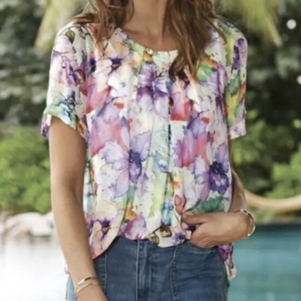 Soft Surroundings Sheer Lined floral Pastel Multicolor Boho blouse Sz XS